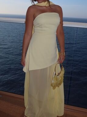 Strapless Chiffon Overlay Evening Dress in Pale Yellow